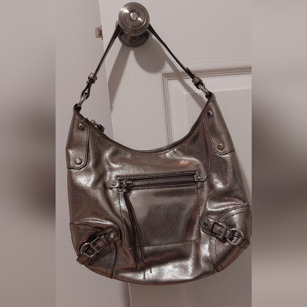 Michael Kors Pewter Gunmetal Metallic Leather Studded Satchel Shoulder Bag Purse